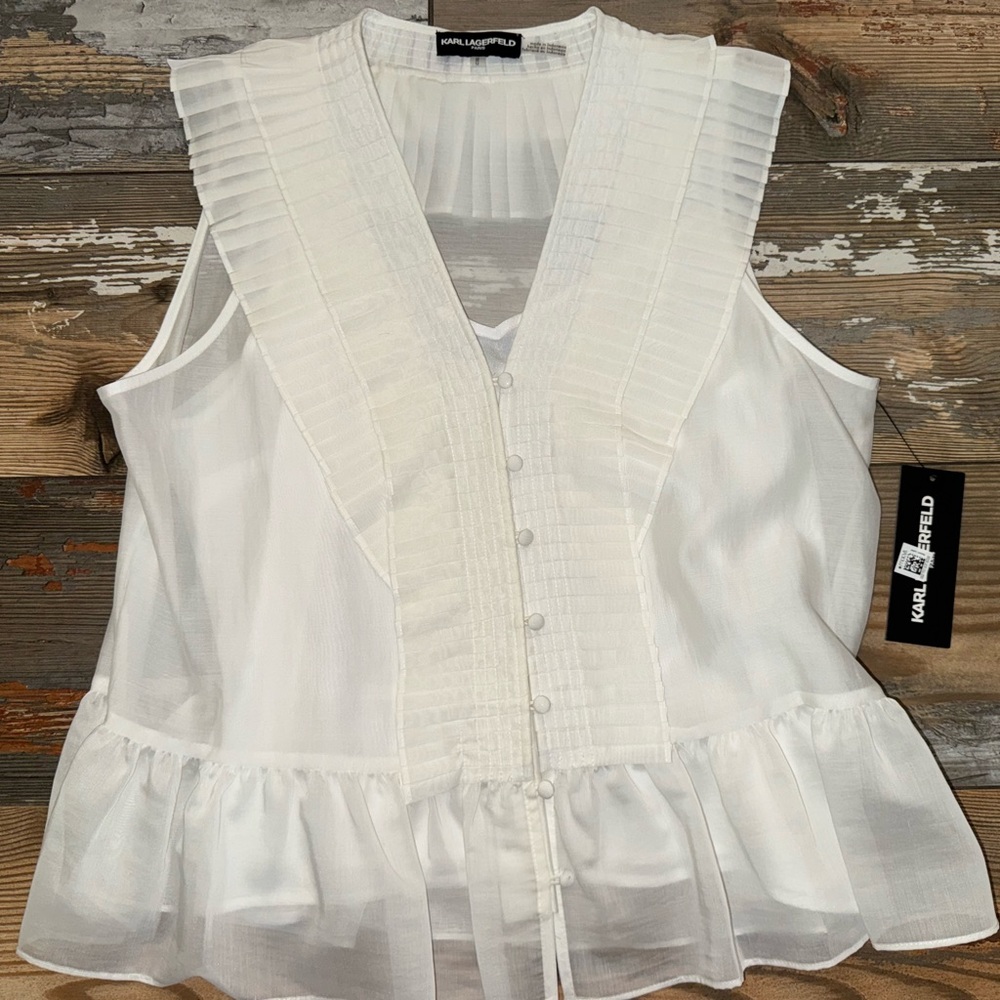 Karl Lagerfeld Ivory Pleated Blouse, Size M. NWT.